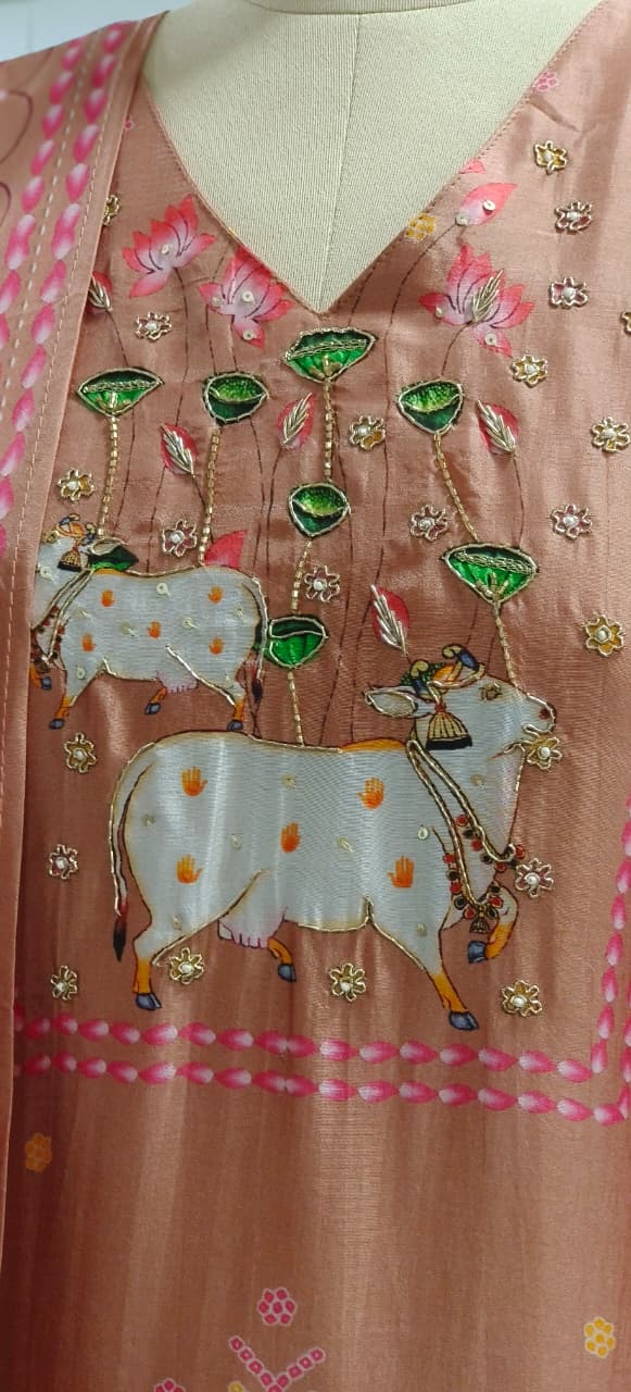 Gauvastra Handcrafted Full Suit Set With Dupatta In Russian Silk Fabric- 11202