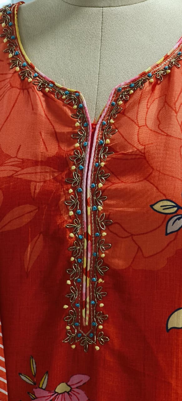 Flower Printed With Minimal Neck Work Sunset Full Suit Set With Dupatta- 11188
