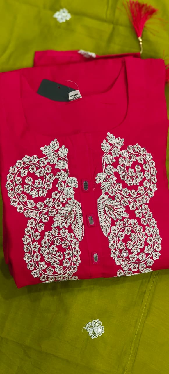 Thread Embroidered Real Mirror Surat Mul Chanderi A-Line Full Suit Set With Dupatta