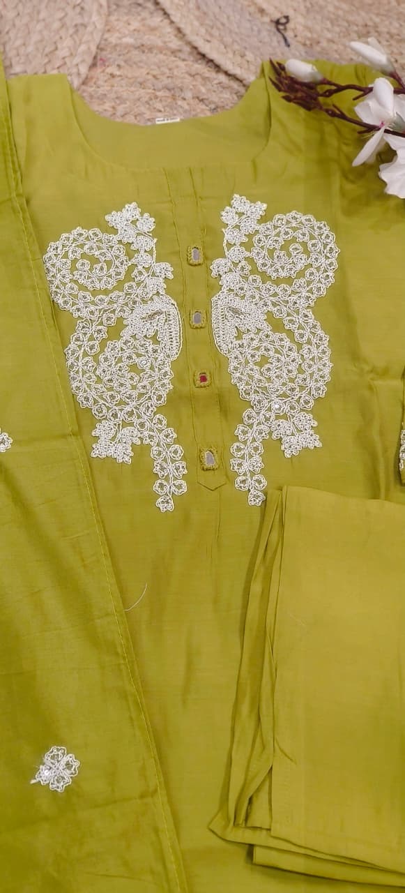 Thread Embroidered Real Mirror Surat Mul Chanderi A-Line Full Suit Set With Dupatta