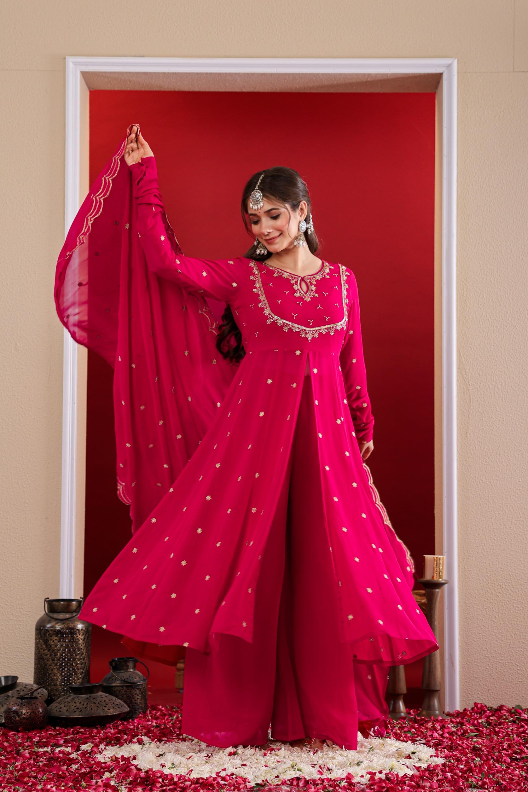 Royal Zardosi U-Yoke Front Slitted Anarkali Full Suit Set With Dupatta & Loose Palazzo Bottom In Georgette Fabric (Dispatching From Monday)