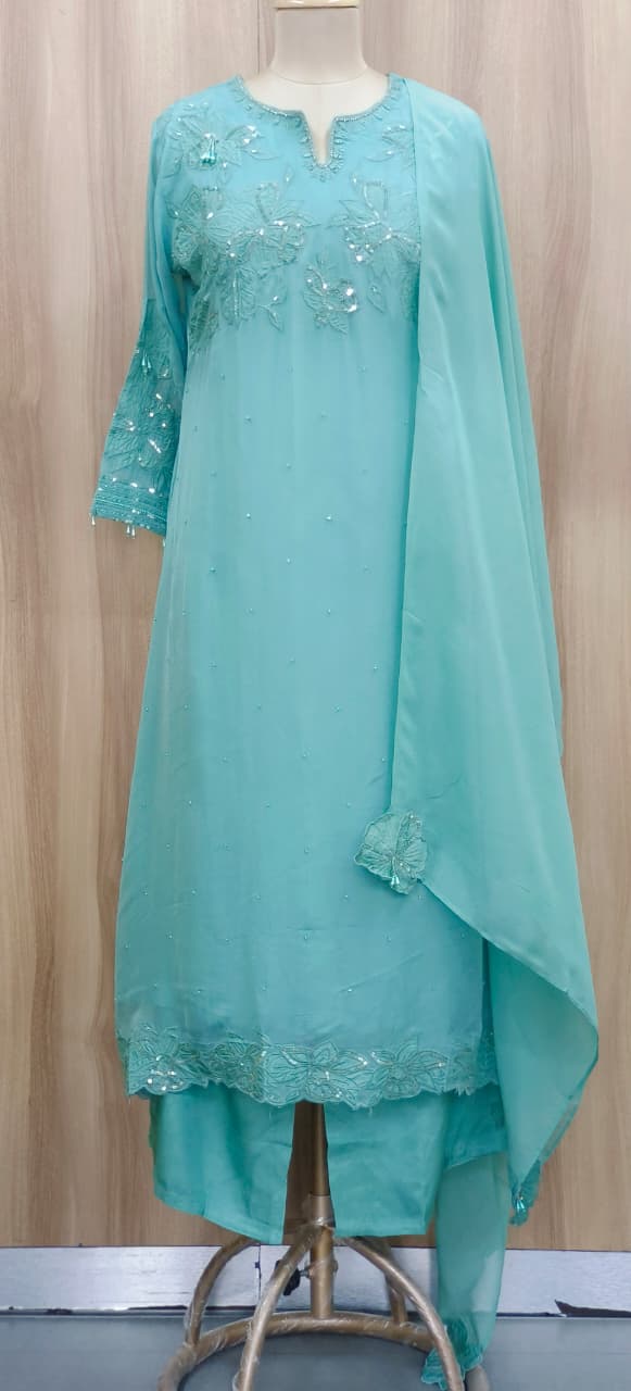 Pastel Elegance Patch Floral Embroidered Work Tiny Tassels Full Suit Set With Dupatta In Organza Fabric- 11247, 11246, 11245, 11244
