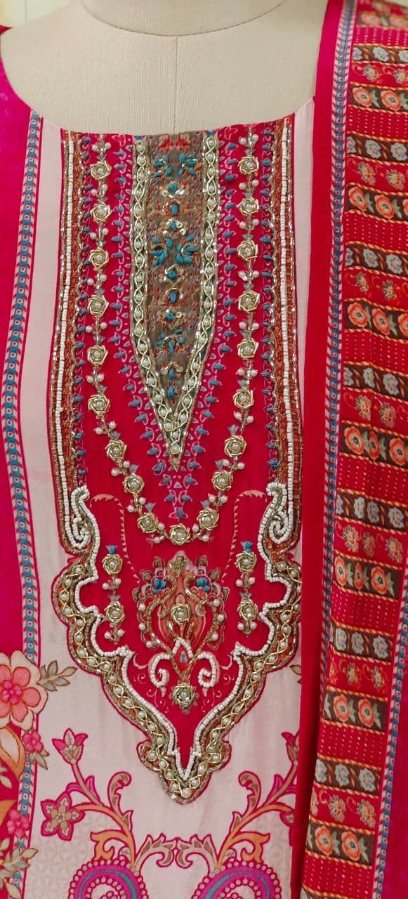 Bright Pink Lawn Printed Full Suit Set With Dupatta In Crepe Fabric- 11025