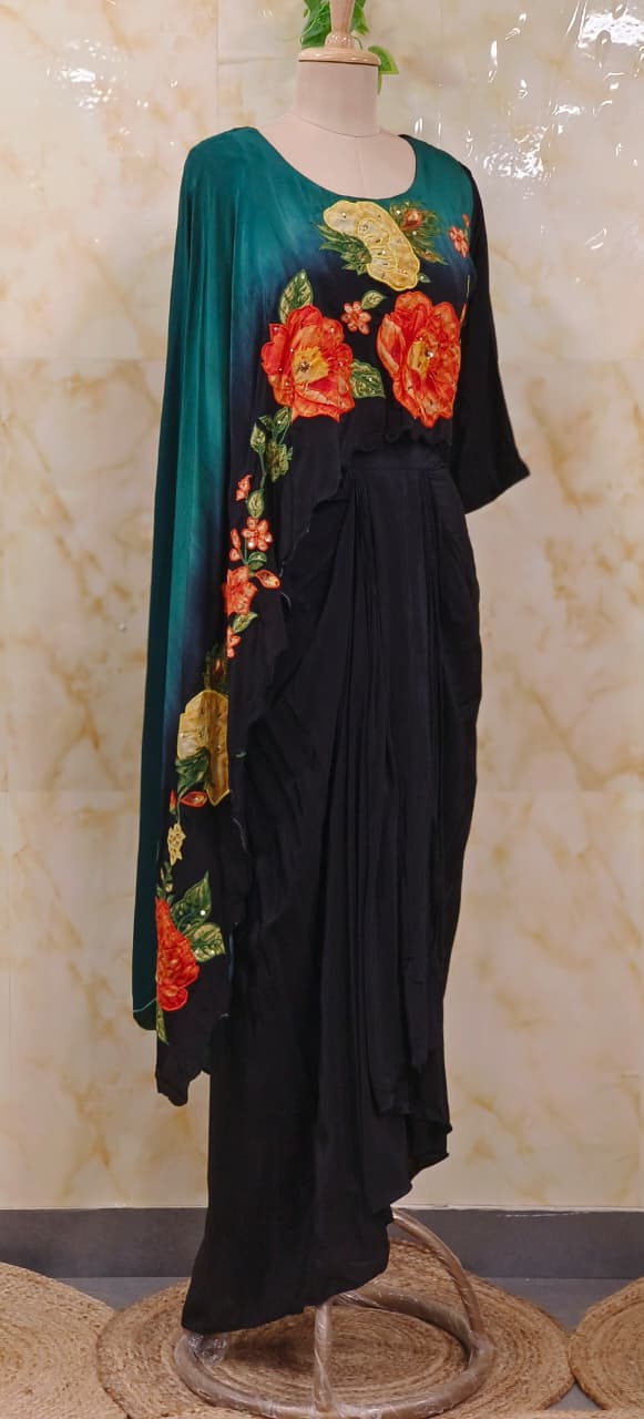 Blooming Floral Patch High Low Outer Attached Top With Drape Skirt In Crepe Fabric- 11291