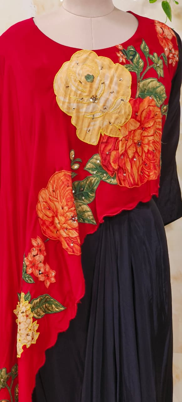 Blooming Floral Patch High Low Outer Attached Top With Drape Skirt In Crepe Fabric- 11291