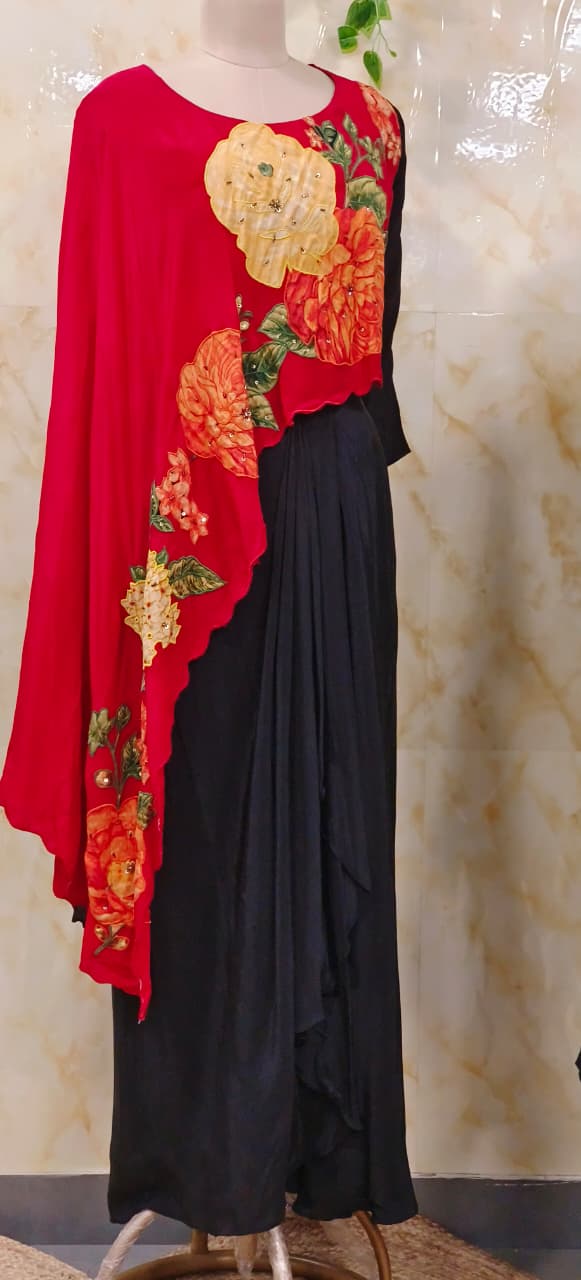 Blooming Floral Patch High Low Outer Attached Top With Drape Skirt In Crepe Fabric- 11291