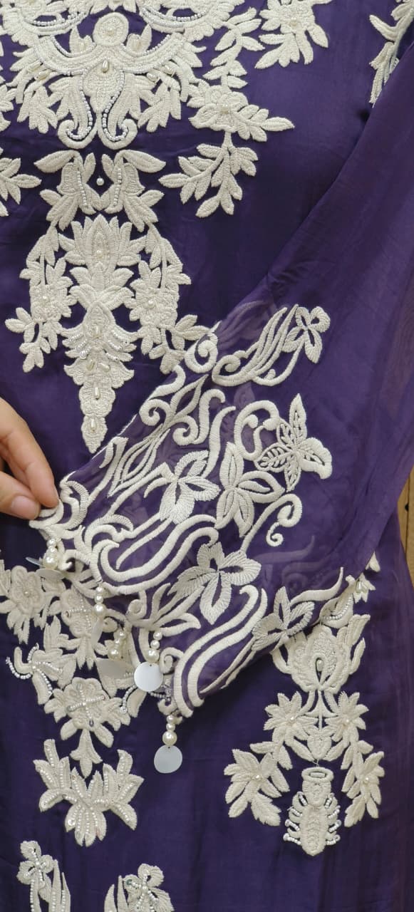 Thread Embroidery With Squin & Pearl Work Tassel Hang Kurta Pant Set- 10047