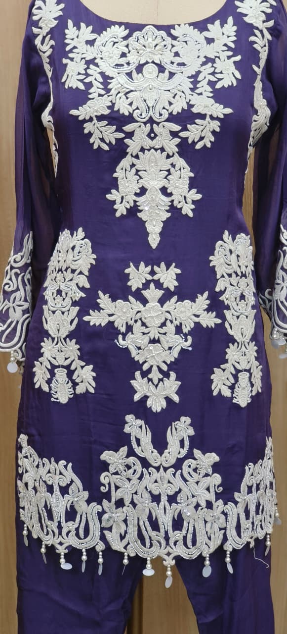 Thread Embroidery With Squin & Pearl Work Tassel Hang Kurta Pant Set- 10047
