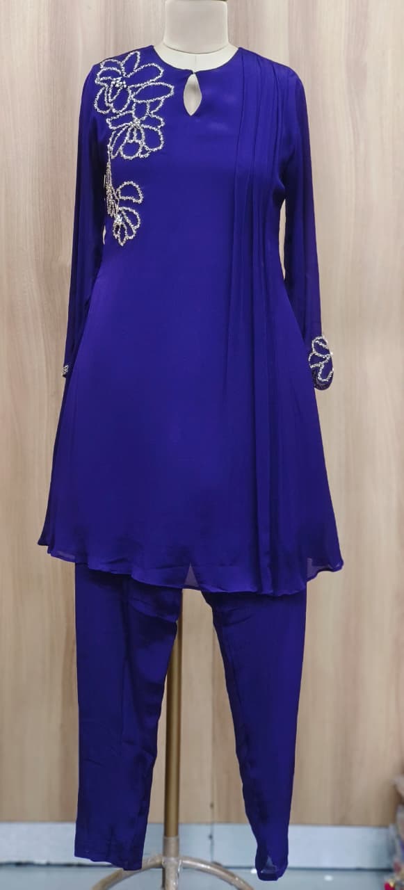 Very Elegant Minimal Work Solid A-Line Kurta Pant Set In Chinon Fabric- 11227