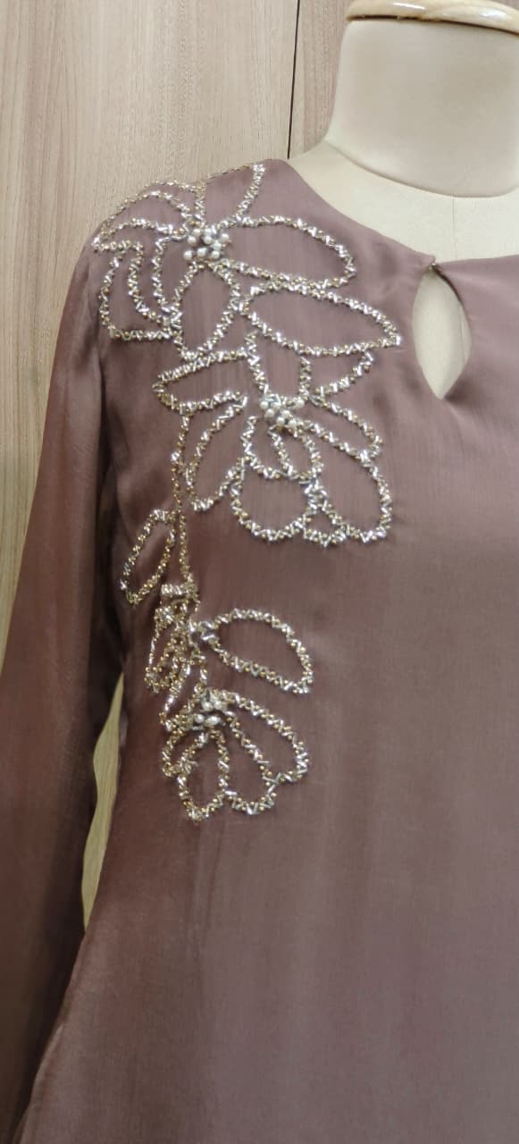 Very Elegant Minimal Work Solid A-Line Kurta Pant Set In Chinon Fabric- 11227