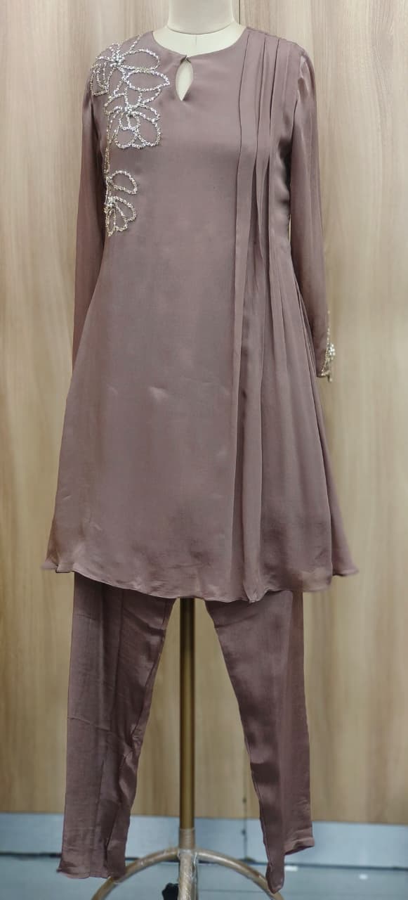 Very Elegant Minimal Work Solid A-Line Kurta Pant Set In Chinon Fabric- 11227