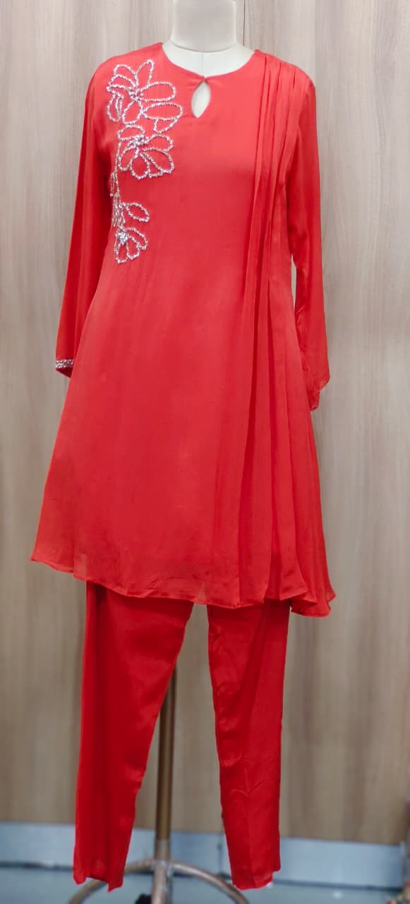 Very Elegant Minimal Work Solid A-Line Kurta Pant Set In Chinon Fabric- 11227