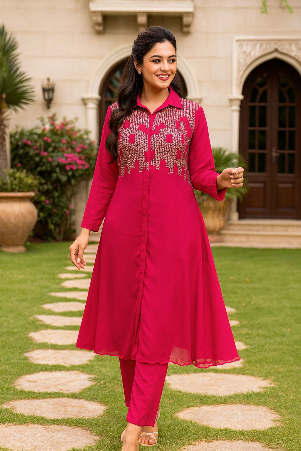 Foil Attach Work Collared Solid Full Sleeve High & Low A-Line Kurta Pant Set In Georgette Fabric- 11264