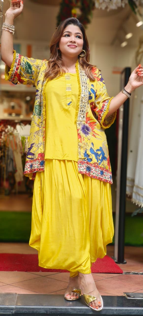 Real Mirror Elegance Kurta With Harem Pant & Floral Printed Jacket In Muslin Fabric- 11040