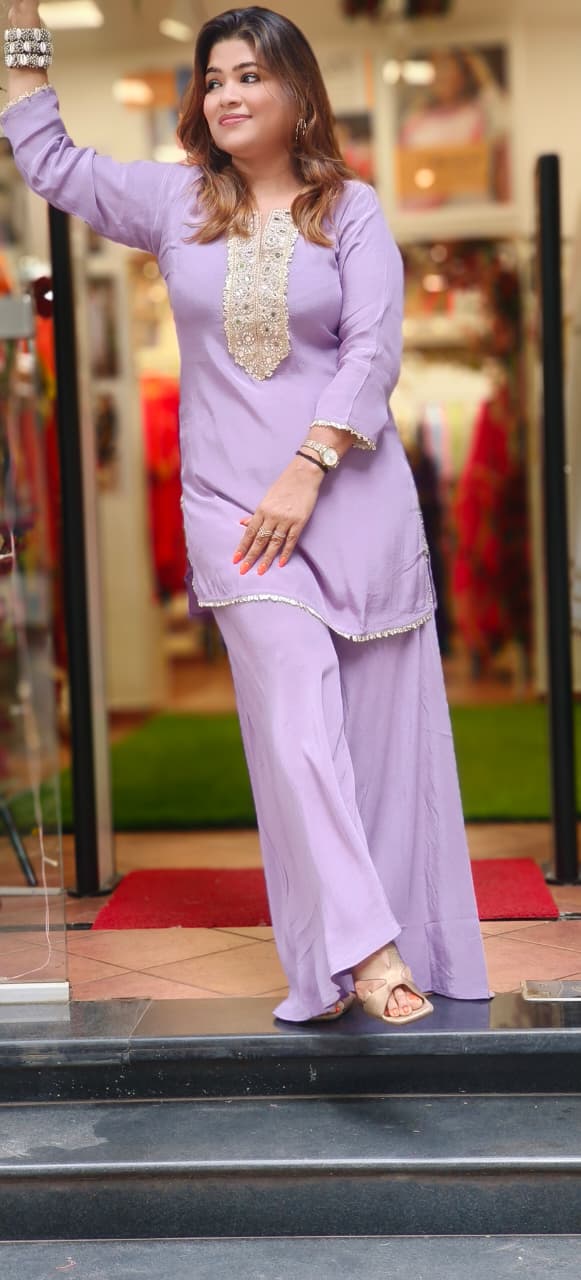 Real Mirror Lavender Grace Kurta With Loose Palazzo Bottom Set In Linen Crepe Fabric- 11674, 11673