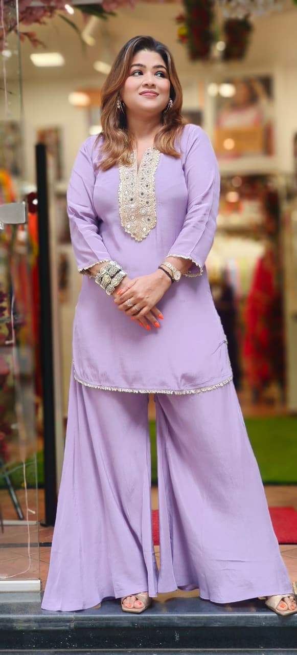 Real Mirror Lavender Grace Kurta With Loose Palazzo Bottom Set In Linen Crepe Fabric- 11674, 11673