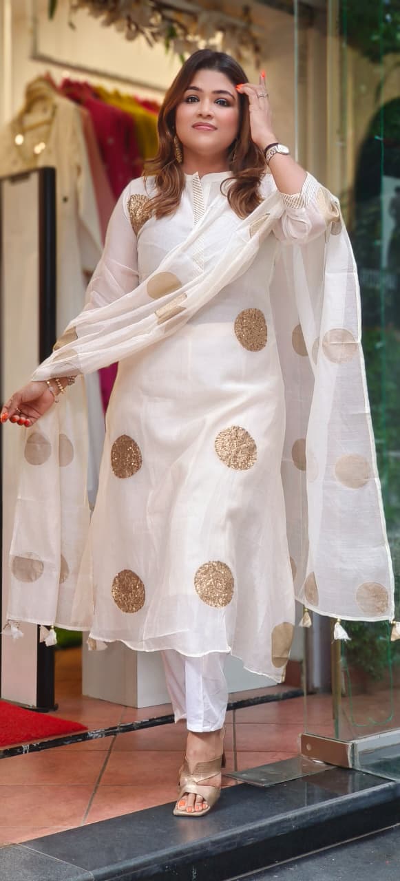 Polka Golden Foil Touch A-Line Full Suit Set With Dupatta In Mul Chanderi Fabric- 11351, 11352