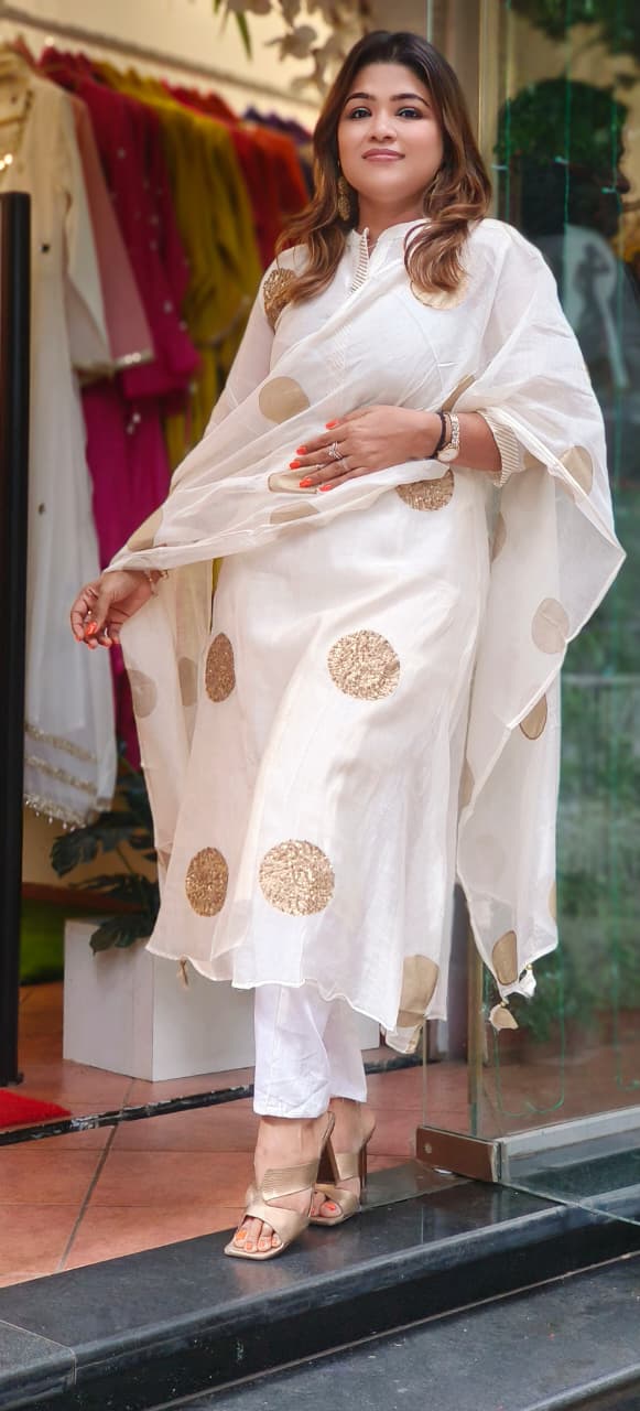 Polka Golden Foil Touch A-Line Full Suit Set With Dupatta In Mul Chanderi Fabric- 11351, 11352