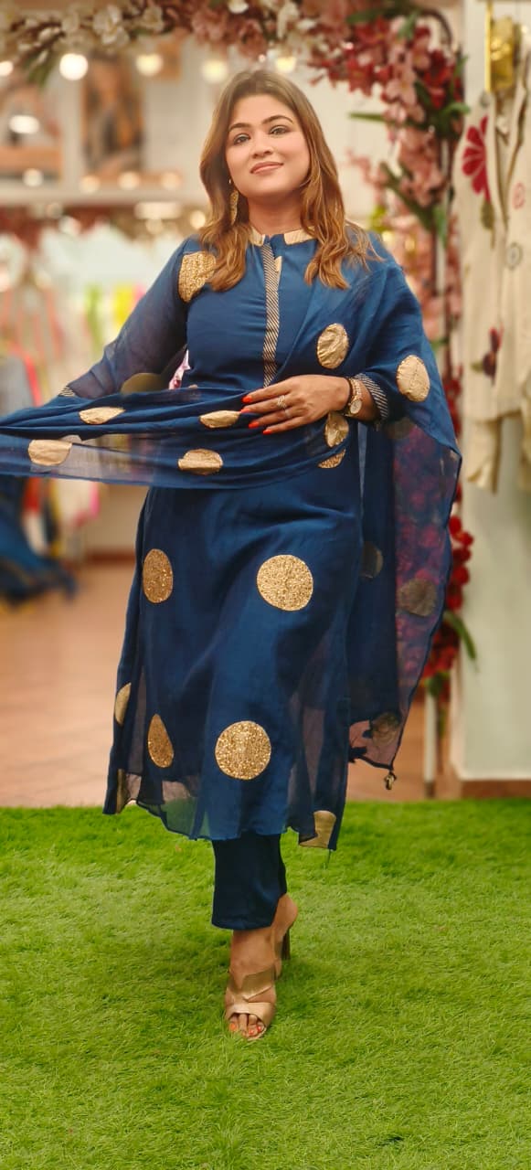 Polka Golden Foil Touch A-Line Full Suit Set With Dupatta In Mul Chanderi Fabric- 11351, 11352