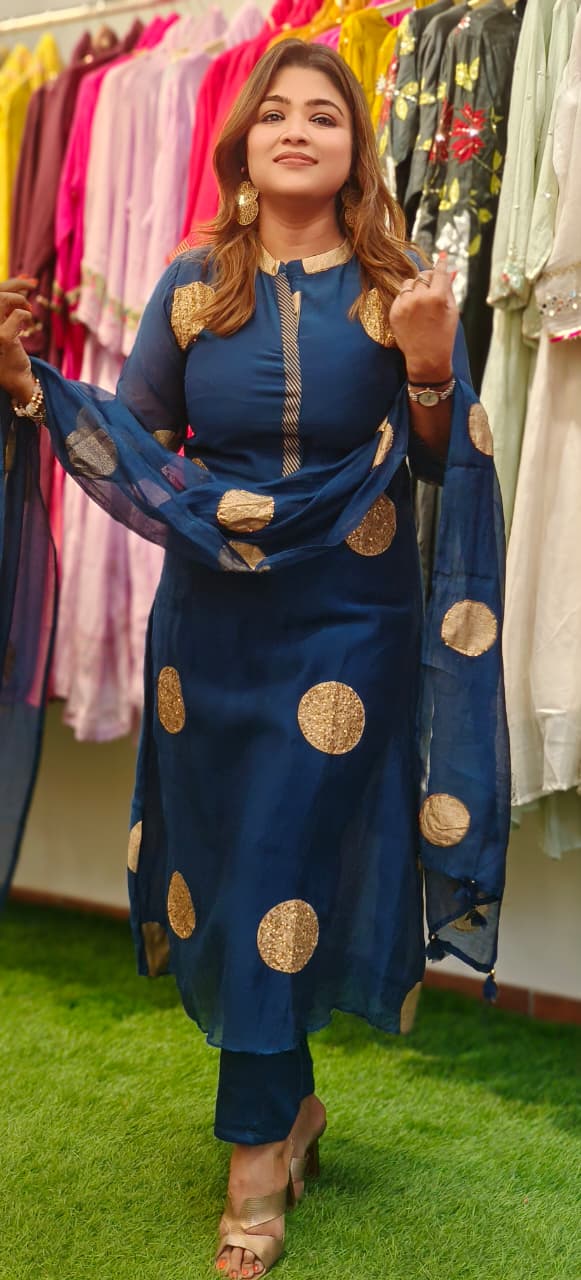 Polka Golden Foil Touch A-Line Full Suit Set With Dupatta In Mul Chanderi Fabric- 11351, 11352