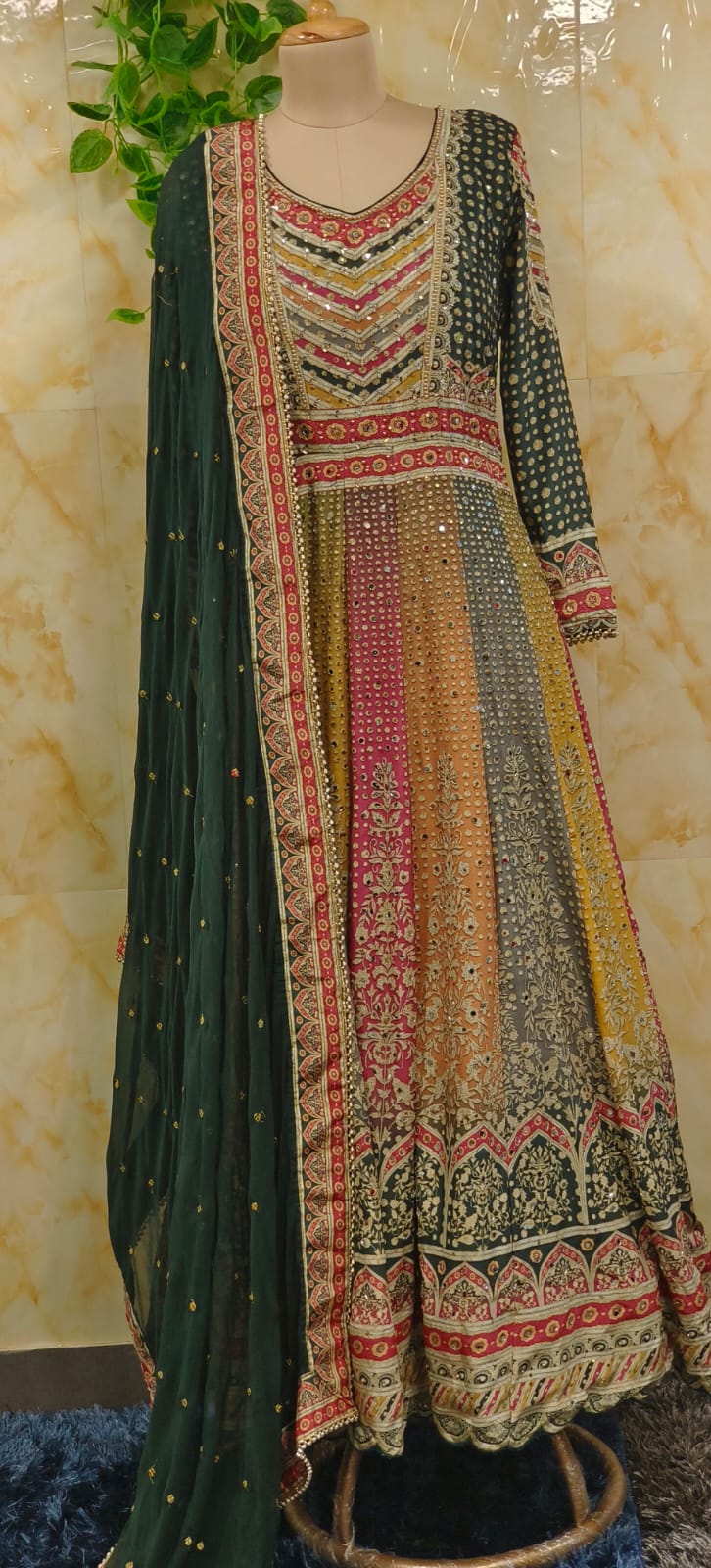 Multi Color Blend Real Mirror Elegance Flared Panel Anarkali Suit With Dupatta In Crepe Fabric(Cane-Cane Inside)