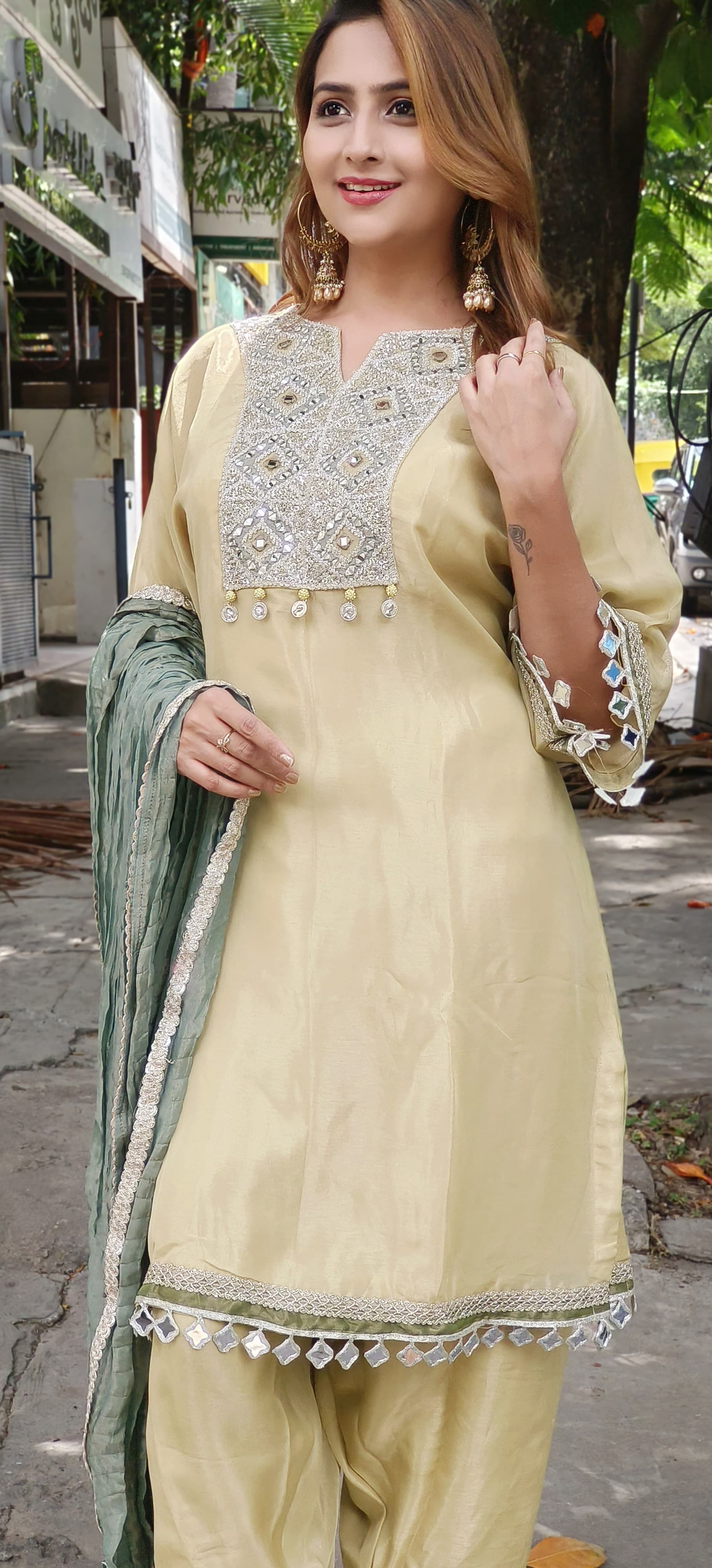 Shimmery Yoke Real Mirror Tassel Full Suit Set With Dupatta In Tissue Fabric