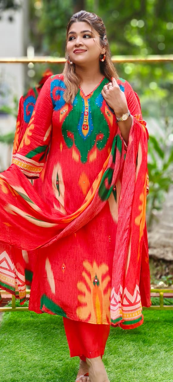 Vibrant Prints Ikkat Elegance Full Suit Set With Dupatta In Crepe Fabric- 11238