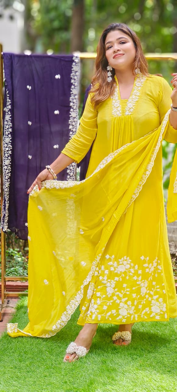 Floral Thread Embroidered Unique Neck A-Line Full Suit Set With Dupatta In Chinon Fabric- 11223