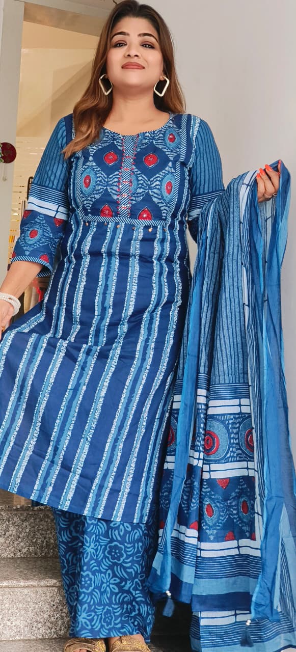 Multi Prints Graceful Blue Full Suit Set With Dupatta In Cotton Fabric