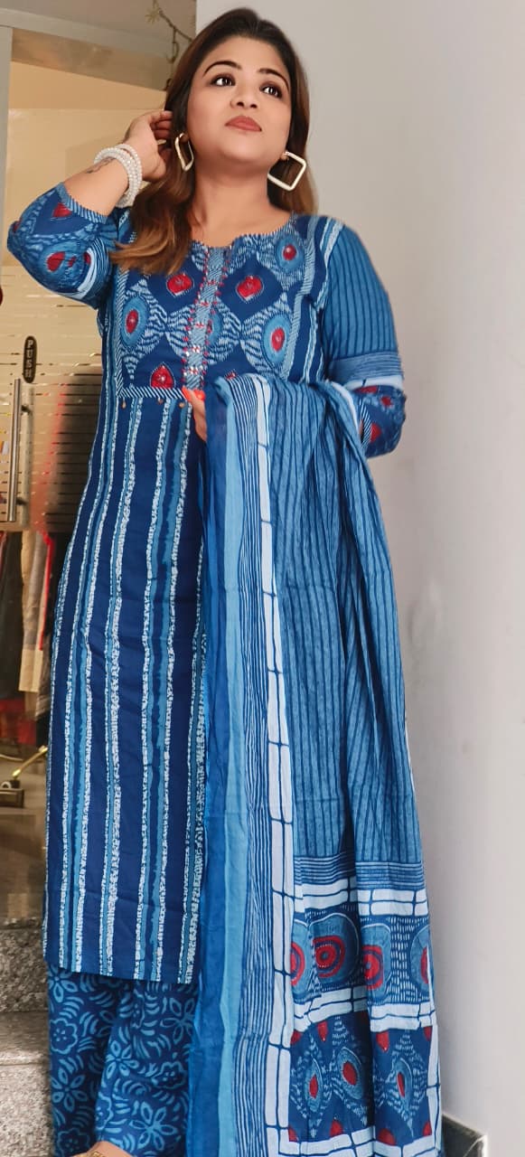 Multi Prints Graceful Blue Full Suit Set With Dupatta In Cotton Fabric