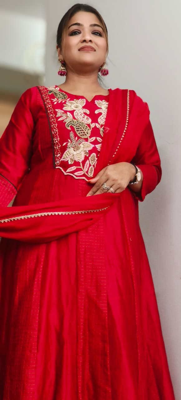 Elegant Designer Long Kurti in Premium Chanderi Fabric with Intricate Floral Embroidery A-Line Full Suit Set With Dupatta- 11439, 11440,