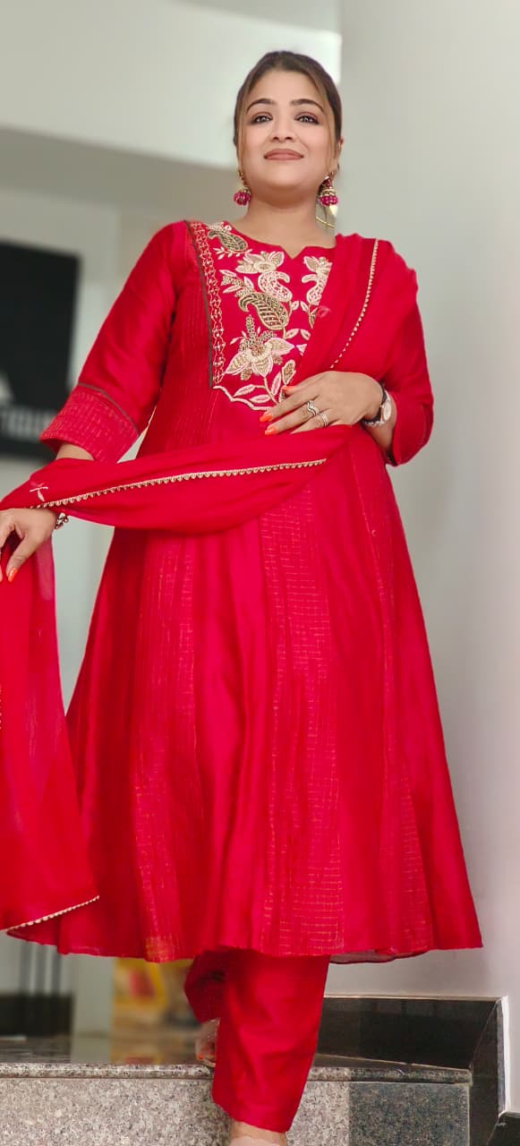 Elegant Designer Long Kurti in Premium Chanderi Fabric with Intricate Floral Embroidery A-Line Full Suit Set With Dupatta- 11439, 11440,