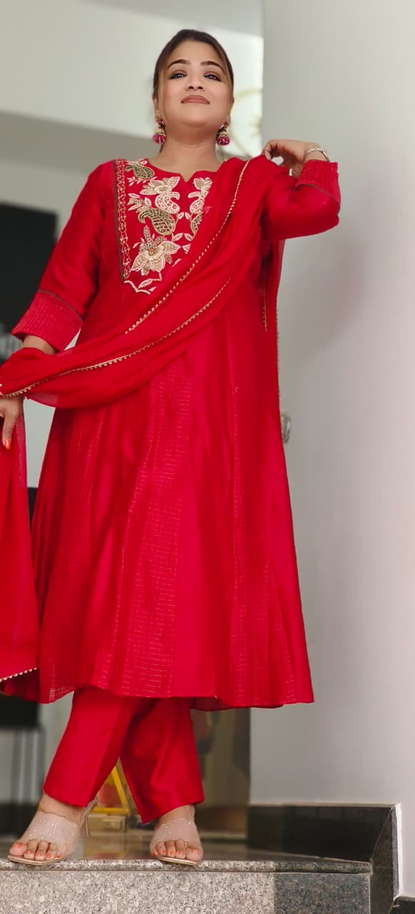 Elegant Designer Long Kurti in Premium Chanderi Fabric with Intricate Floral Embroidery A-Line Full Suit Set With Dupatta- 11439, 11440,