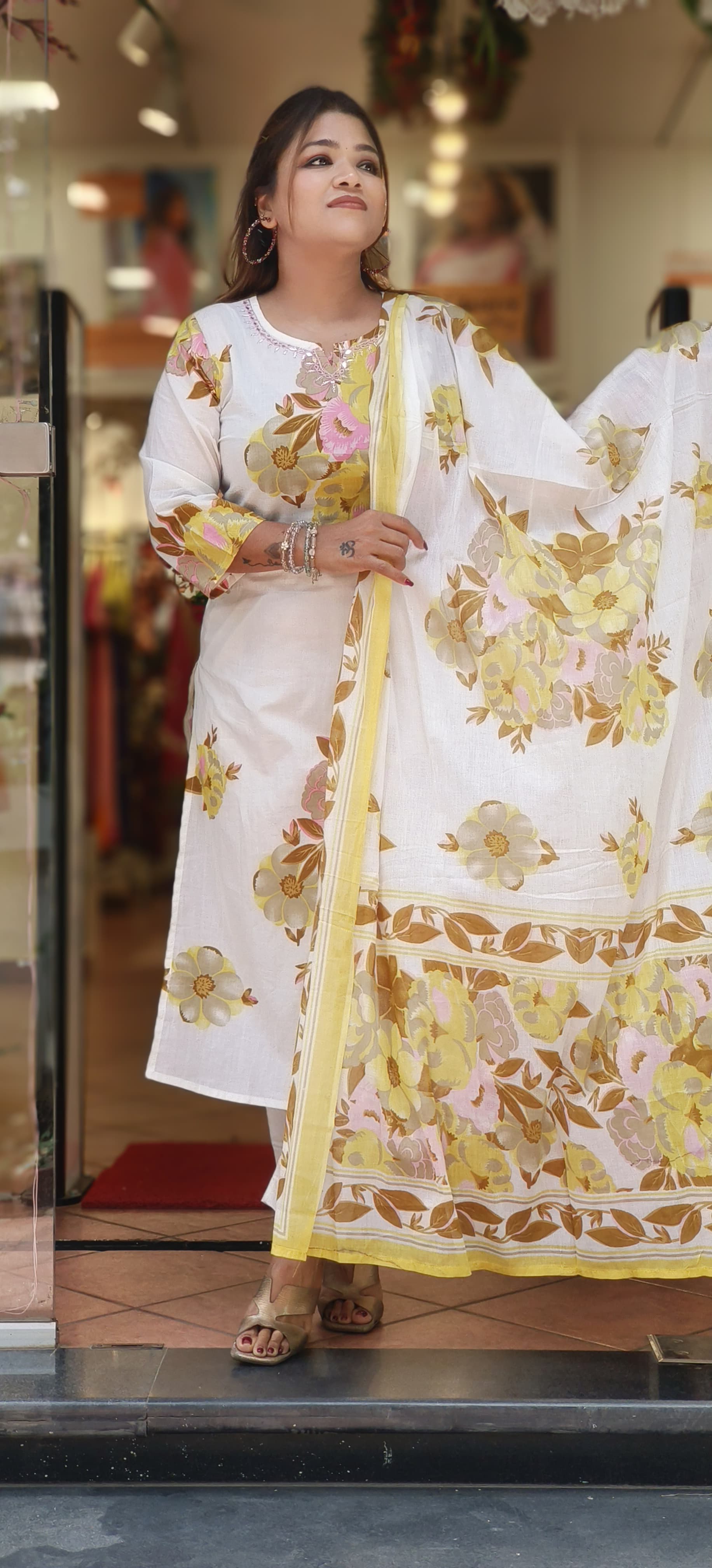 Floral Printed Mustard Elegance Cotton Full Suit With Dupatta
