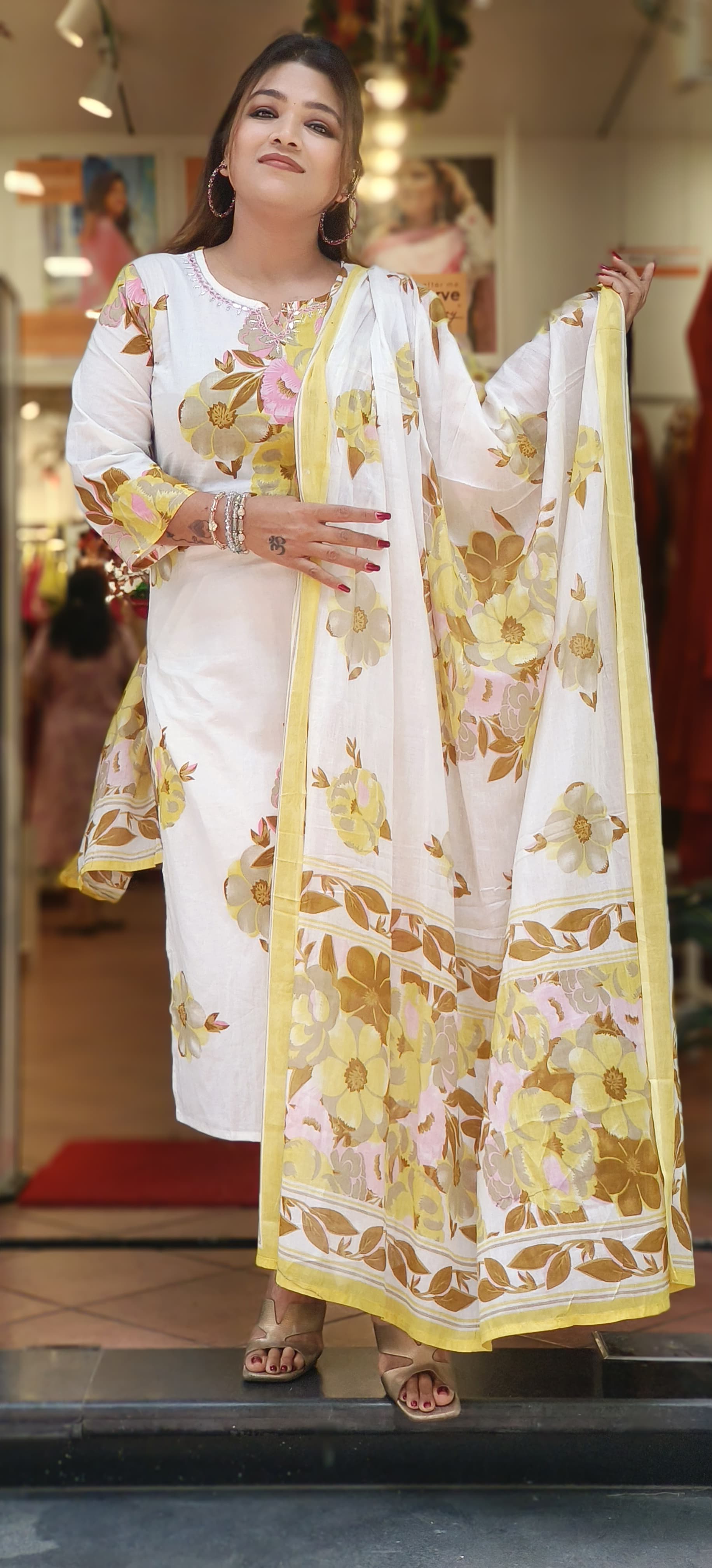 Floral Printed Mustard Elegance Cotton Full Suit With Dupatta