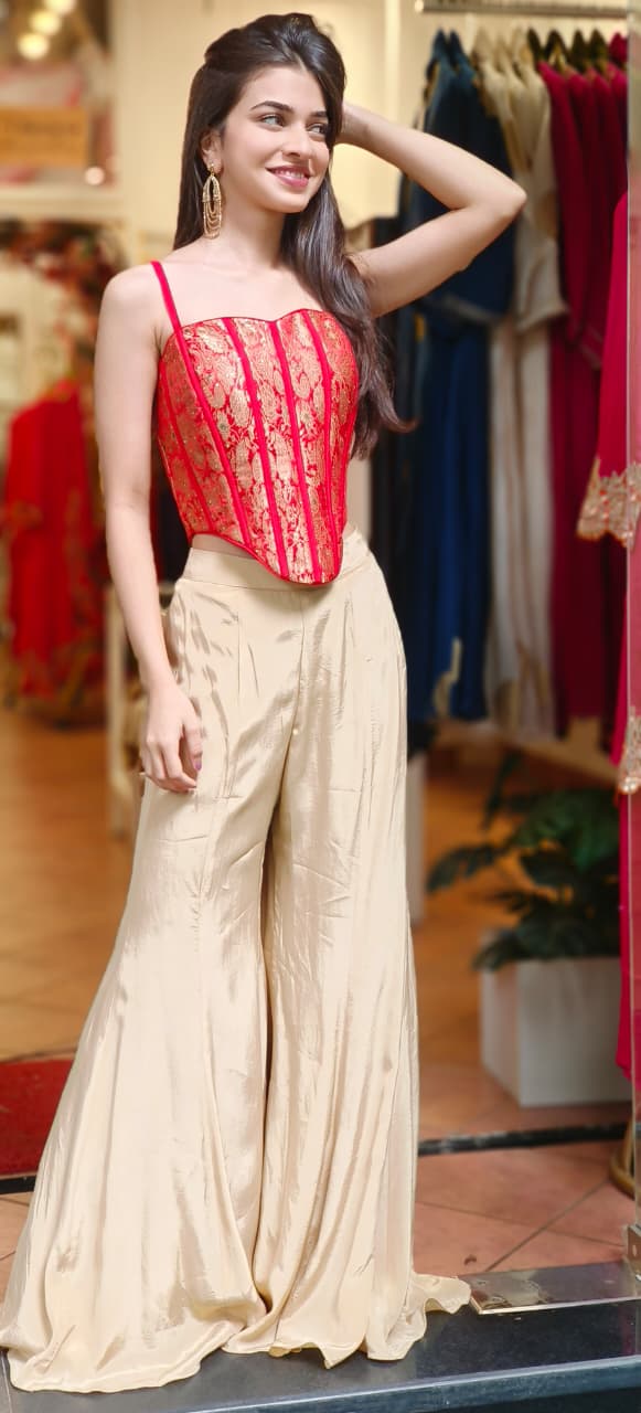 Silken Radiance Stylish Brocade Sleeveless Crop-Top With Loose Panel Tissue Palazzo Bottom (DISPATCHING AFTER 25 DAYS ON ORDERS EXCEPT FOR 38 SIZE)