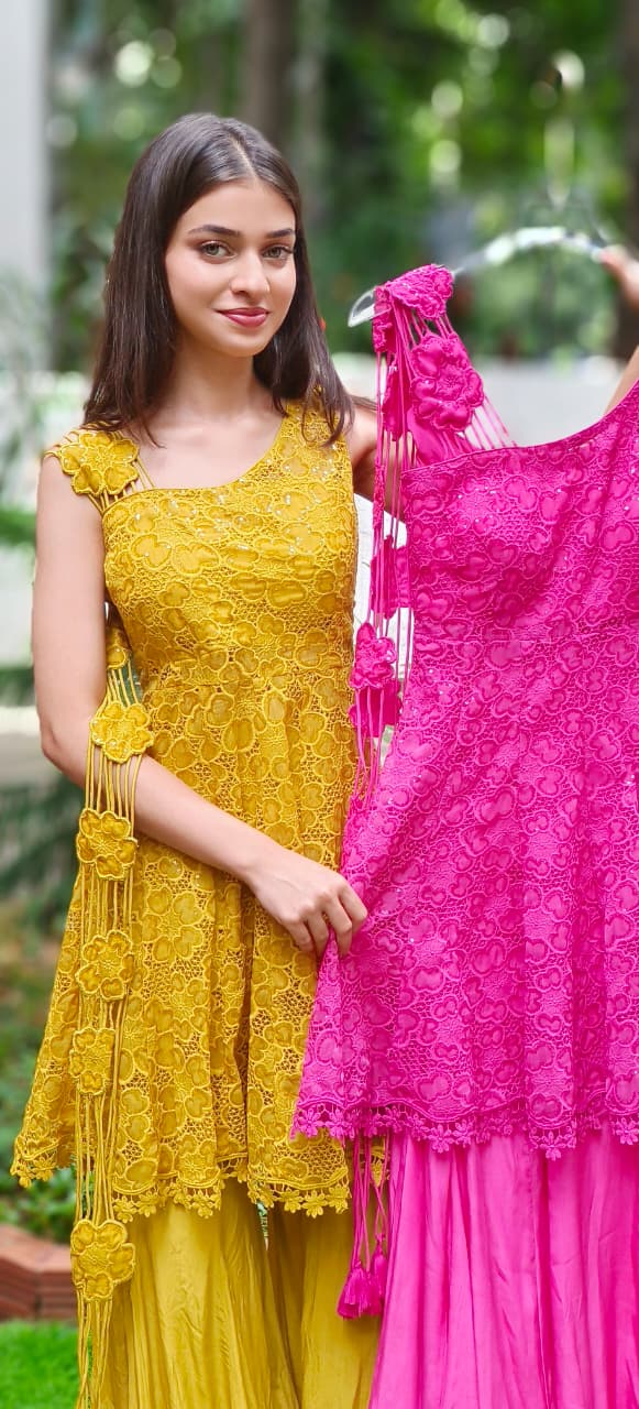 Lace Delight Ensemble Fully Embroidered Cutwork A-Line Short Kurta With Sharara Bottom (DISPATCHING AFTER 25 DAYS ON ORDERS EXCEPT FOR 38 SIZE)