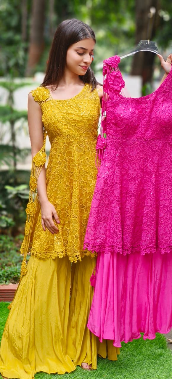 Lace Delight Ensemble Fully Embroidered Cutwork A-Line Short Kurta With Sharara Bottom (DISPATCHING AFTER 25 DAYS ON ORDERS EXCEPT FOR 38 SIZE)