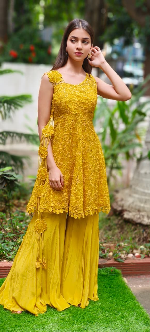 Lace Delight Ensemble Fully Embroidered Cutwork A-Line Short Kurta With Sharara Bottom (DISPATCHING AFTER 25 DAYS ON ORDERS EXCEPT FOR 38 SIZE)