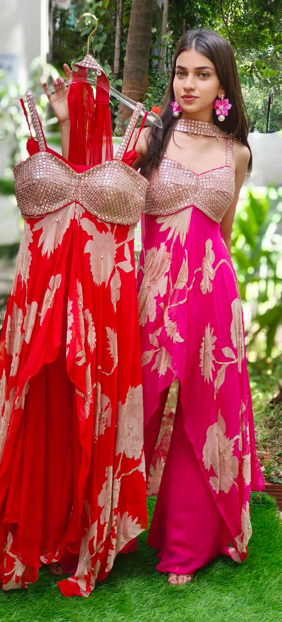 Foil Work Ensemble Petal Glow Party Wear High-Low Buster Look Kurta With Loose Palazzo Flared Bottom In Organza Fabric (DISPATCHING AFTER 25 DAYS ON ORDERS EXCEPT FOR 38 SIZE)