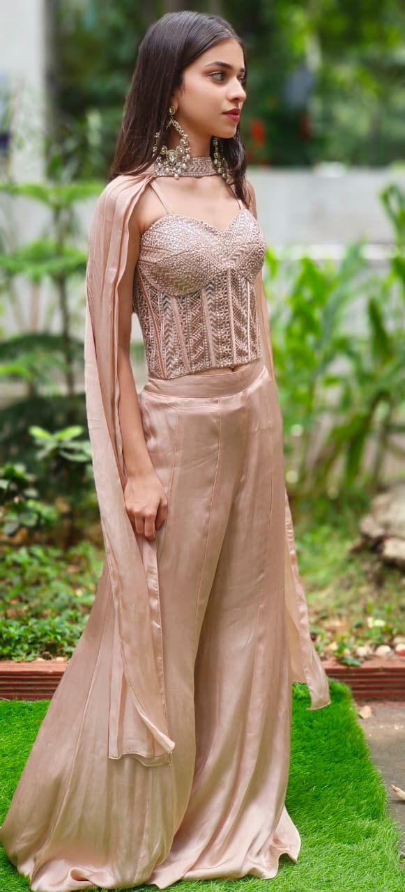 Ivory Gleam Nude Corset Sleeveless Top With Panel Loose Palazzo Bottom & Stylish Dupatta (DISPATCHING AFTER 25 DAYS ON ORDERS EXCEPT FOR 38 SIZE)