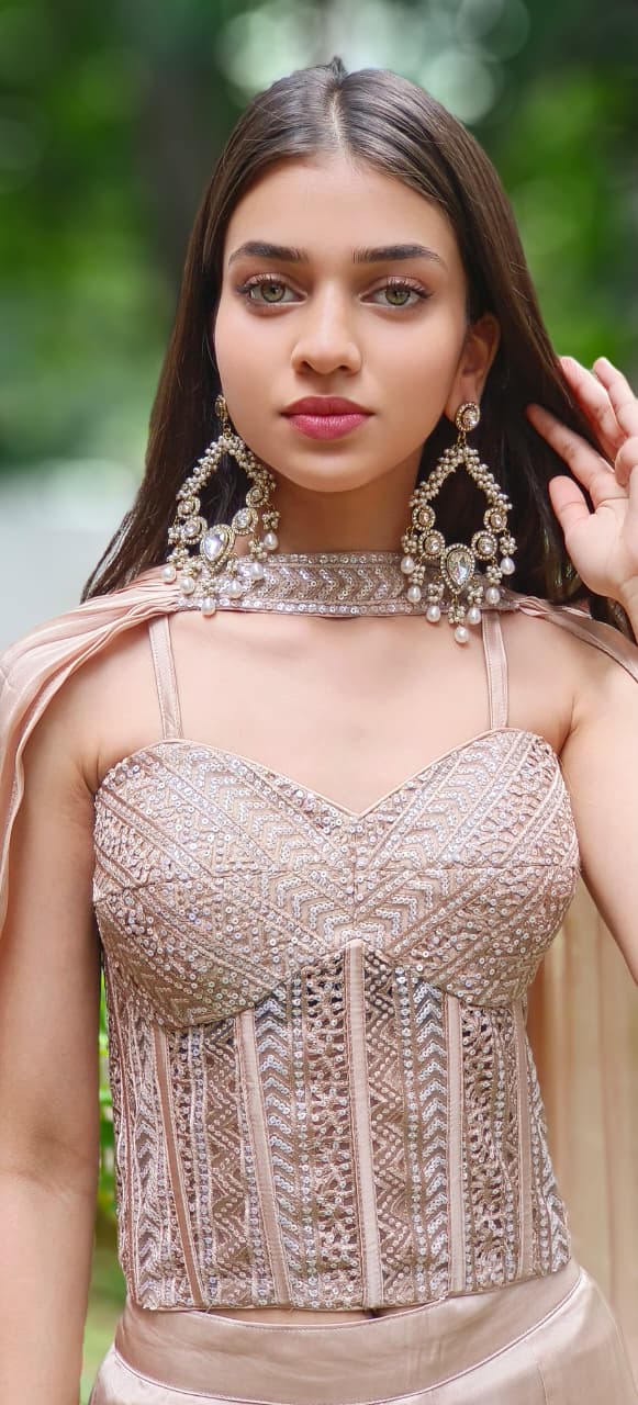 Ivory Gleam Nude Corset Sleeveless Top With Panel Loose Palazzo Bottom & Stylish Dupatta (DISPATCHING AFTER 25 DAYS ON ORDERS EXCEPT FOR 38 SIZE)