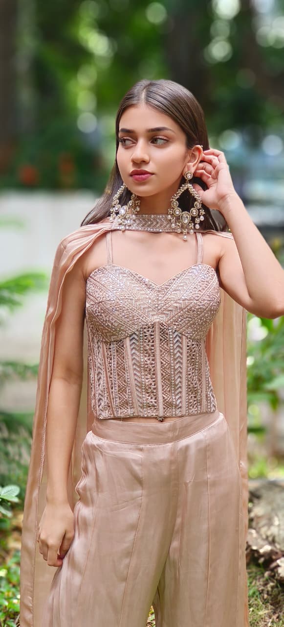 Ivory Gleam Nude Corset Sleeveless Top With Panel Loose Palazzo Bottom & Stylish Dupatta (DISPATCHING AFTER 25 DAYS ON ORDERS EXCEPT FOR 38 SIZE)