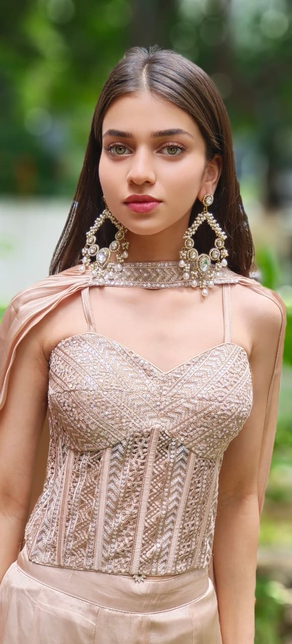 Ivory Gleam Nude Corset Sleeveless Top With Panel Loose Palazzo Bottom & Stylish Dupatta (DISPATCHING AFTER 25 DAYS ON ORDERS EXCEPT FOR 38 SIZE)