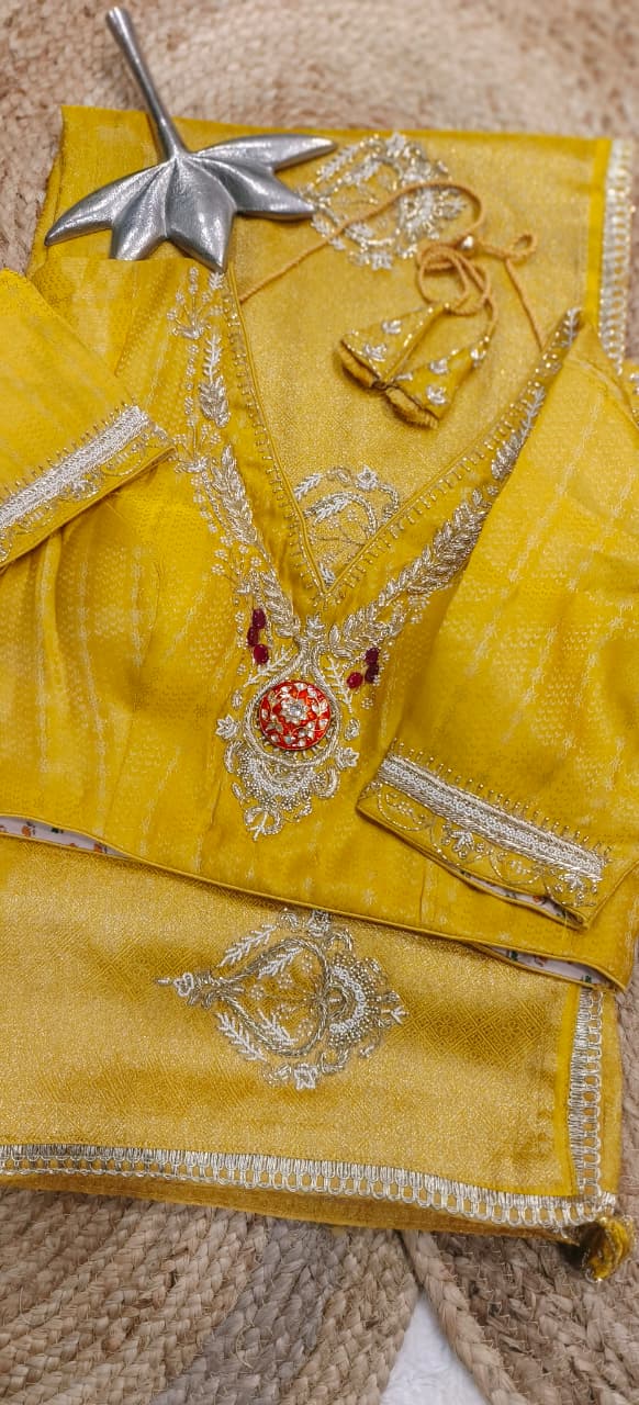 Hand Embroidery With Rajasthani Look Jewelry Work Blouse Ready To Wear Designer Saree In Silk Brocade Fabric