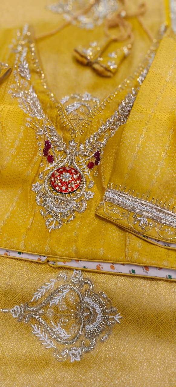 Hand Embroidery With Rajasthani Look Jewelry Work Blouse Ready To Wear Designer Saree In Silk Brocade Fabric