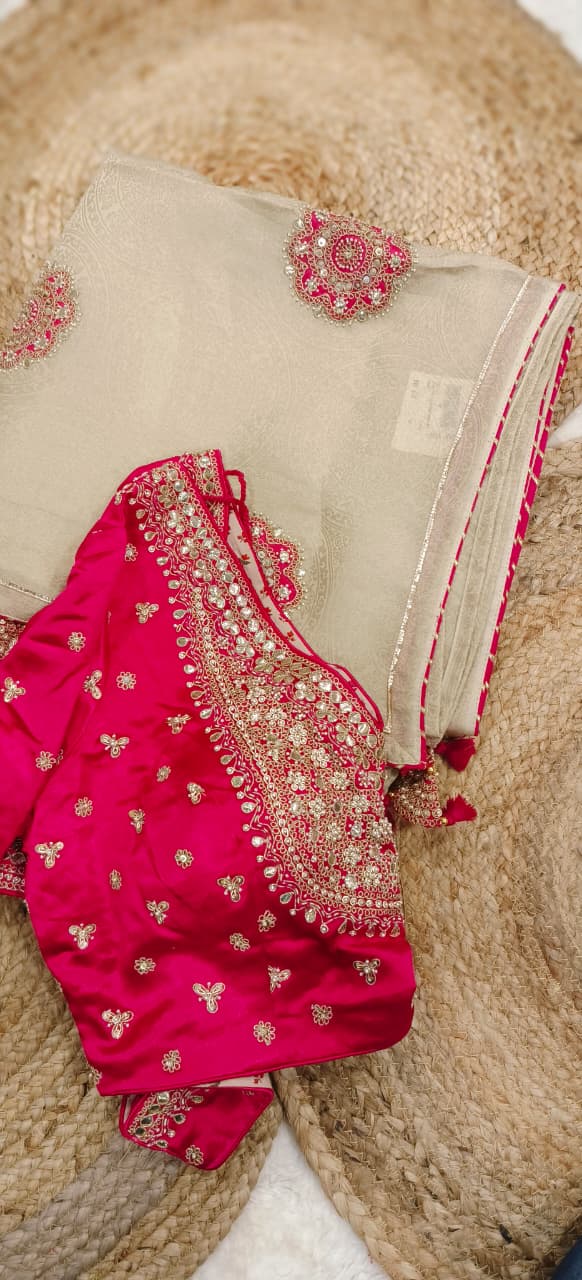Heavy Handwork Bright Tone Blouse Piping Border Contrast Designer Saree In Silk Brocade Fabric
