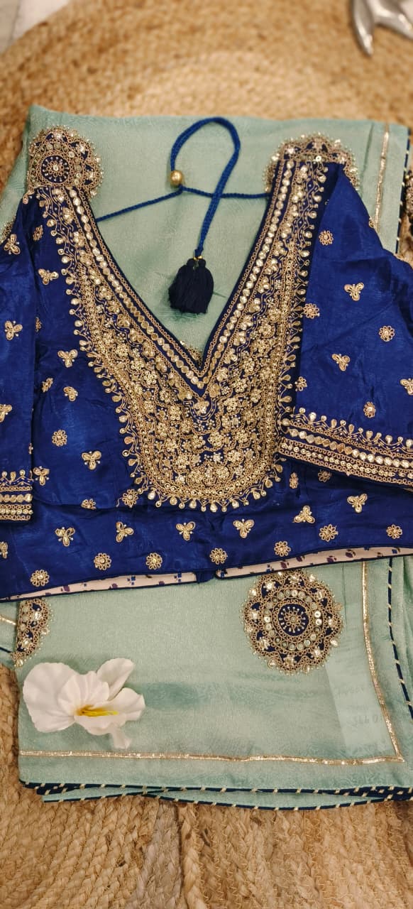 Heavy Handwork Bright Tone Blouse Piping Border Contrast Designer Saree In Silk Brocade Fabric