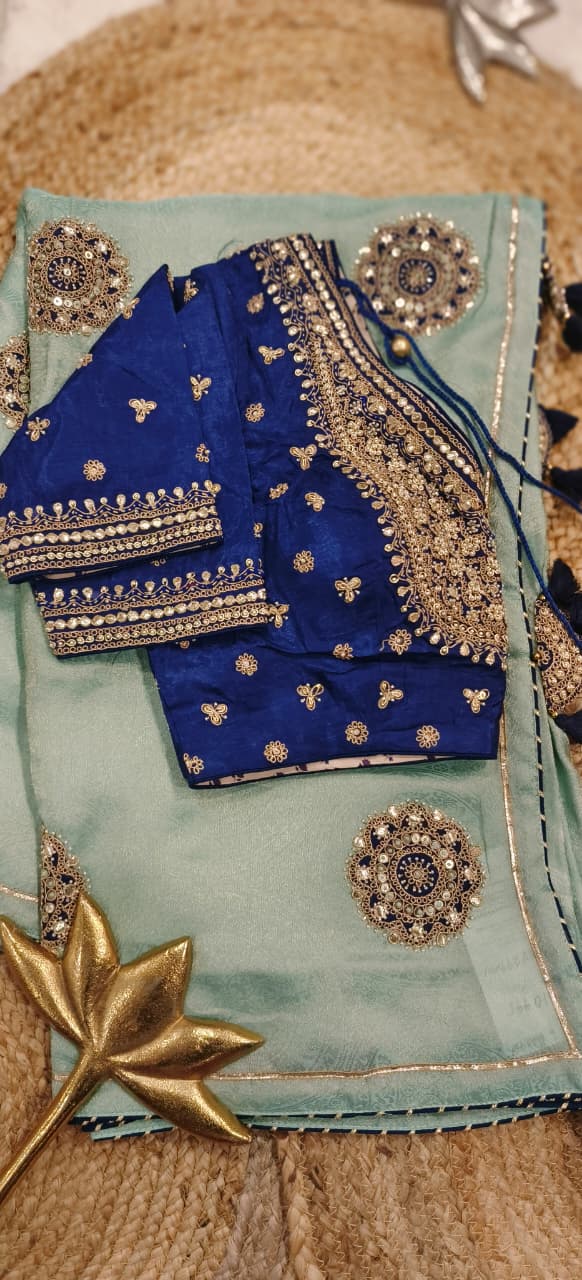 Heavy Handwork Bright Tone Blouse Piping Border Contrast Designer Saree In Silk Brocade Fabric