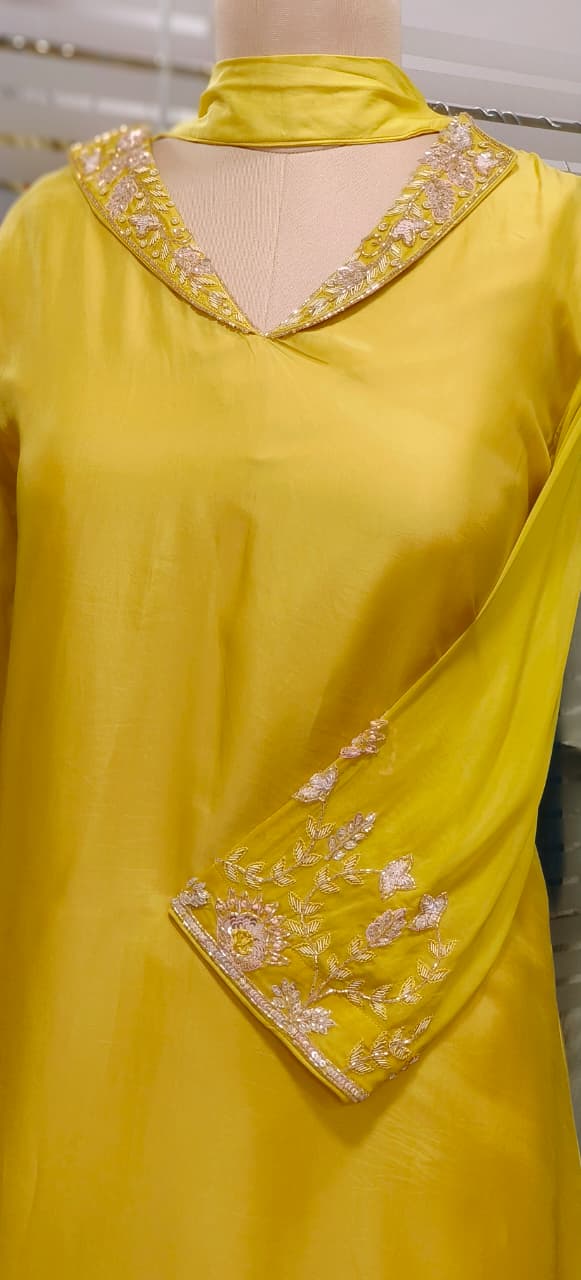 Very Minimal Hand Work Collared Look Solid A-Line Full Suit Set With Dupatta In Crepe Fabric- 11519, 11520